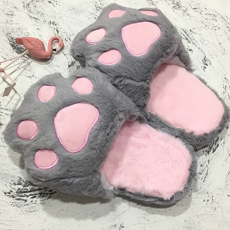 De dibujos animados gato Rosa pantuflas de garras de felpa caliente pantuflas Kawaii Zapatillas de casa chica zapatos planos zapatos antideslizante zapatillas mopa gato pantuflas de garras