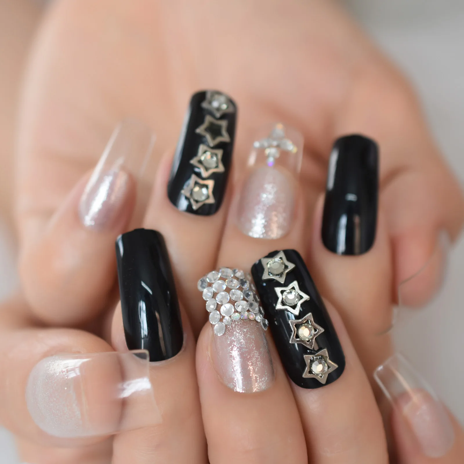 Avenue Of Stars Pre Design Arrayed Flase Diamond Rhinestone With Glitter  Nails Tips Coffin Nails Art Medium Long Charm 24Pcs/Set|False Nails| -  AliExpress