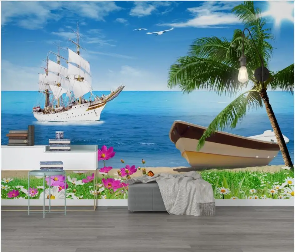 

WDBH Custom photo 3d wallpaper Summer beach coconut tree balcony scenery room decor 3d wall murals wallpaper for walls 3 d