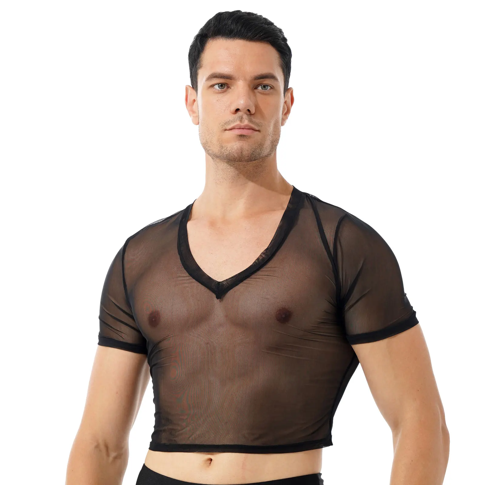 Mesh Crop Top V Neck Tops Tees Clubwear 