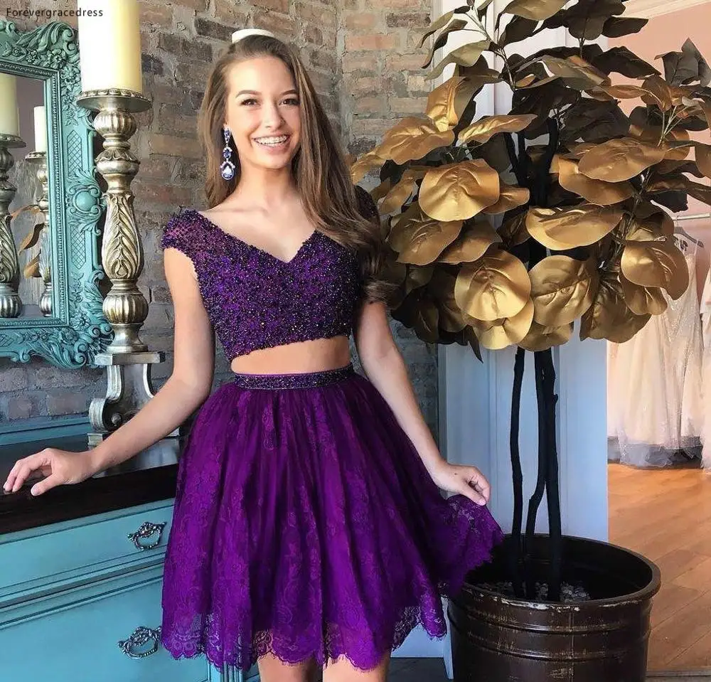 

Fashion Lace Purple Short Prom Dress A Line Beadings Top Juniors Sweet 15 Graduation Cocktail Party Dress Plus Size Custom