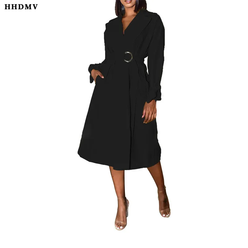 

HHDMV women high street style formal long dresses long sleeve lapel sashes pure color loose dresses pockets mid long dresses