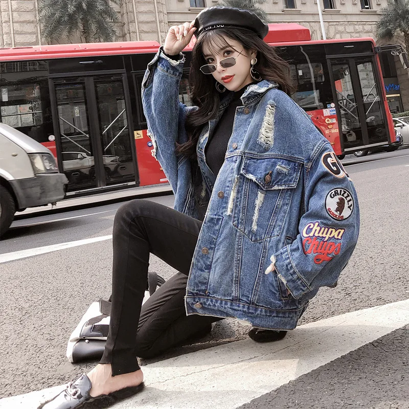 price reduction 2019 Harajuk Loose Denim Jacket Women Embroidery Jeans Coat Hip Hop Hole Single Breasted Jeans Jack