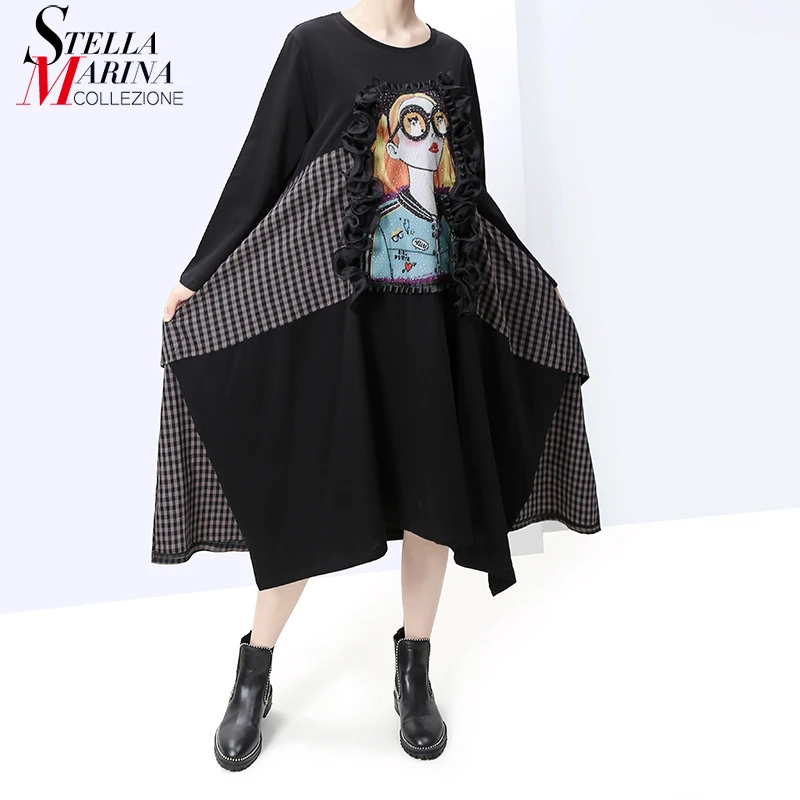 Новинка 2019 японский стиль Женское зимнее черное платье Харадзюку длинный рукав