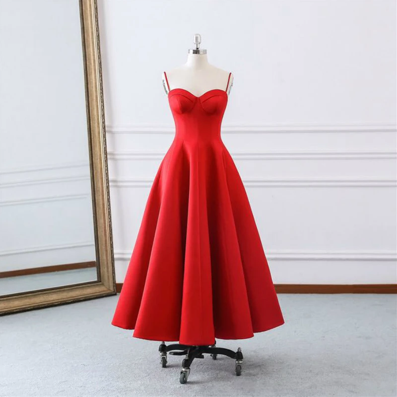 Элегантные атласные Спагетти ремень на шнуровке Vestidos De Festa вечерние платья без рукавов платье-миди для выпускного вечерние платья