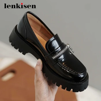 

Lenkisen thick bottom platform zipper decorations modern superstar round toe med square heel slip on pretty girl women pumps L67