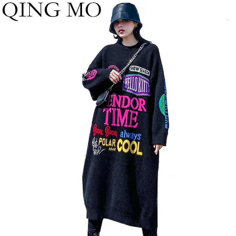 QING MO, Черное Женское зимнее платье,, женское платье-свитер с буквенным принтом, женская уличная одежда, свободный свитер, платье большого размера ZQY2468