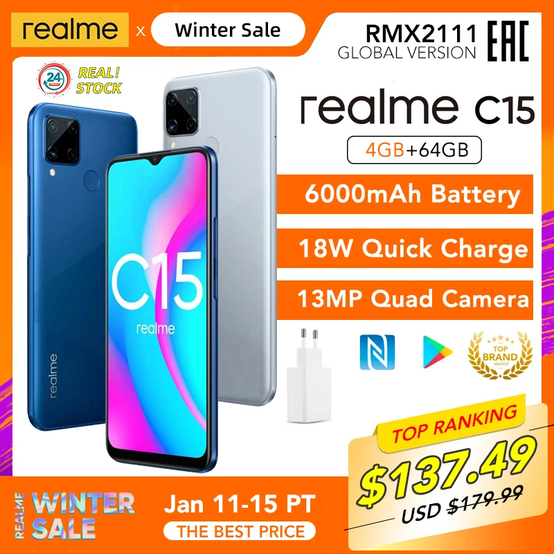 Realme C15 4 Гб Оперативная память 64 Встроенная глобальная версия Helio G35 6000 мА/ч Батарея