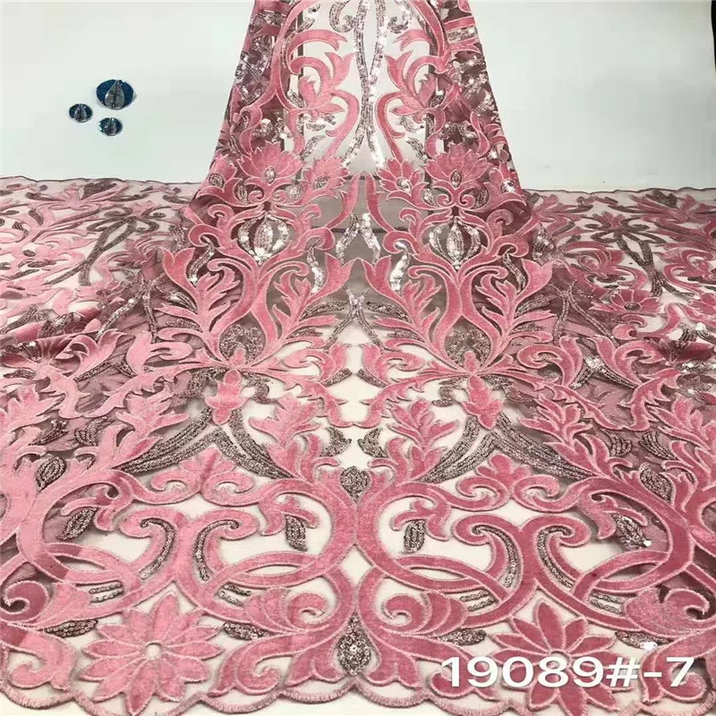 

Hot Selling Sequins African French Velvet Lace Fabric With Sequins High Quality Nigerian Velvet Lace Fabric For Wedding Pink