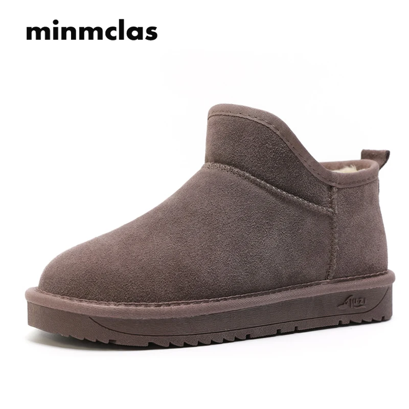Зимние ботинки Minmclas из бычьей кожи короткие для студентов теплые мужчин и женщин