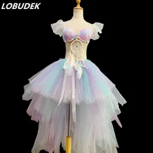 Женский костюм для бара и клуба, разноцветная длинная юбка в сеточку, бюстгальтер из перьев и кристаллов, 2 предмета, для празднования дня рождения, вечерние костюмы для подиума, шоу, танцевальная одежда