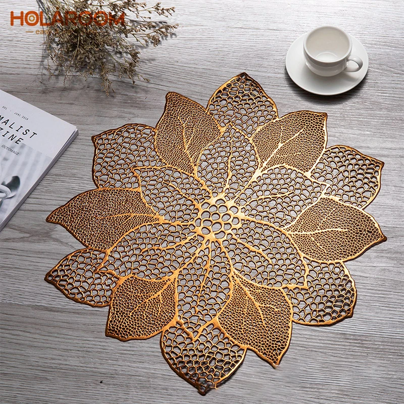 

Holaroom Lotus Flower PVC Bronzing Hollow Placemat Western Food Cushion Table Decoration Mat For Restaurant Kitchen Antislip Pad