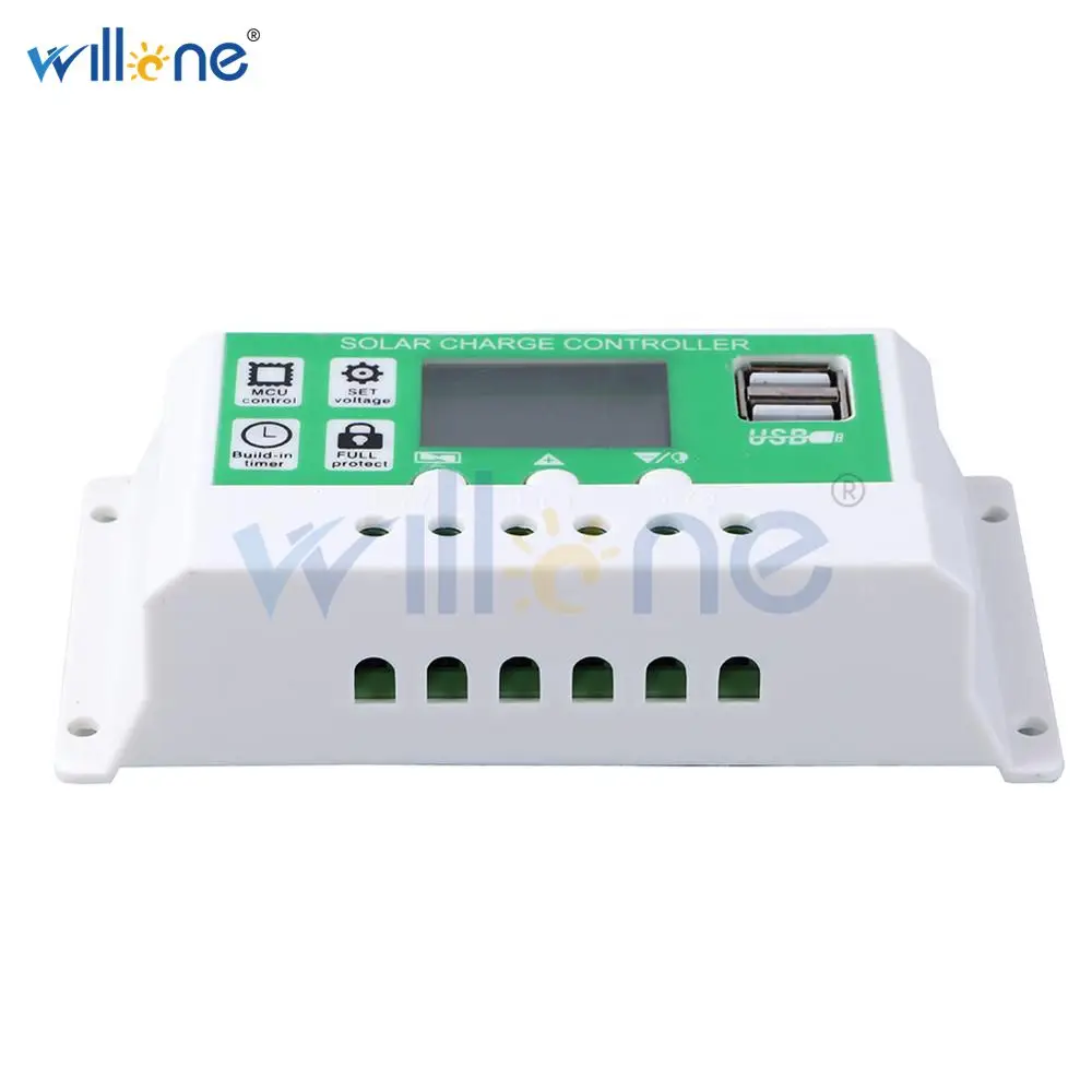 Willone 10A/20A/30A 12V 24V PWM литиевая батарея контроллер солнечного заряда ЖК-дисплей двойные солнечные панели из кремня зарядное устройство