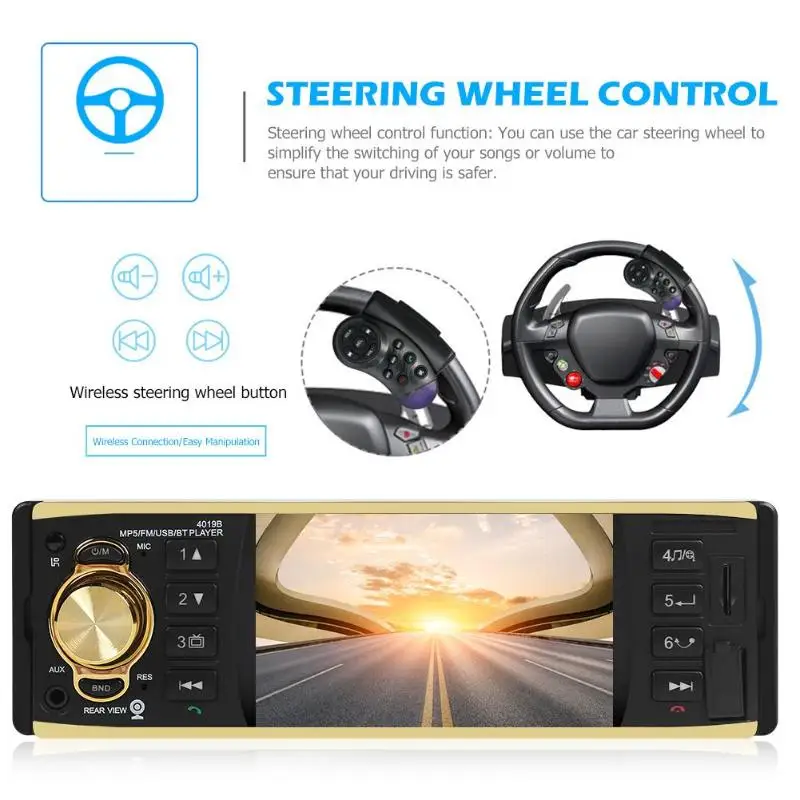 4'' TFT Screen 4019B 1 Din Car Radio Audio Stereo MP3 Car Audio Player Bluetooth Support Rearview Camera Remote Control USB FM