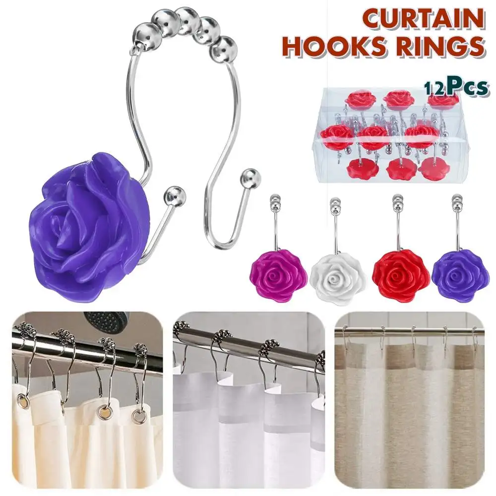 Rose Metal Durable Rustproof Bath Shower Curtain Hooks Glide Rings Convenient Home Bathroom Accessories