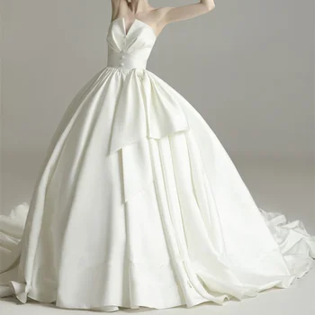 

BGW HT4107 Little V Neck Satin Abll Gown Wedding Dresses Sleeveless With Chapel Train Vestidos De Novia En Raso Satinado 2020