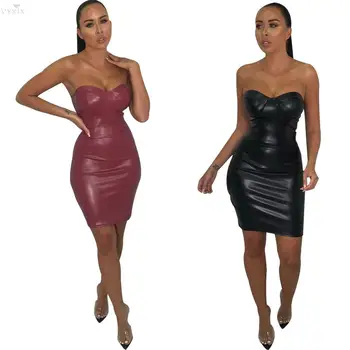 

New Womens Dresses Solid Color Sleeveless Strapless Mini Dress Elegant Sheath Pu Leather Dress Sexy Clubwear Slim Party Dresses