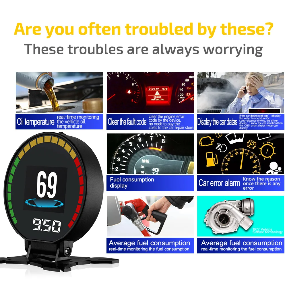 Светодиодный дисплей Hud Obd Ii 2 Автомобильный считыватель кода двигателя Цифровой измеритель компьютера Obd2 Спидометр автоматический диагностический инструмент цифровой измеритель
