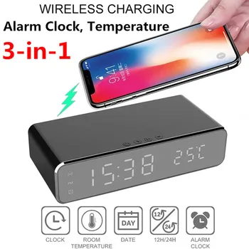 

Desk Wireless Charger Alarm Clock For Samsung for Xiaomi for Huawei for iPhone Electric USB Digital 12/24H LED Thermometer Date