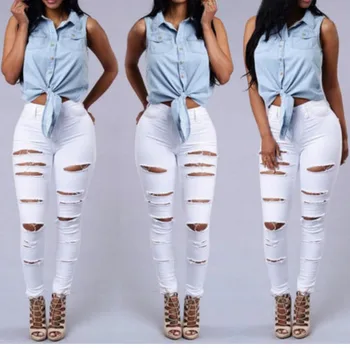 

Women's High Waist Denim Pants Distressed Ripped Skinny Leg Jeans Long Trouser