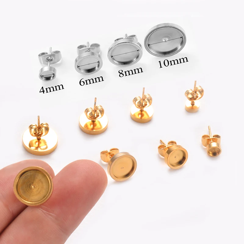 20 Stück Edelstahl Blank Base Round Tray Cabochon Setting Post Stud Ohrringe Passend für 4/6/8/10 mm Cabochon Ohrring Diy Schmuck – Detail 1