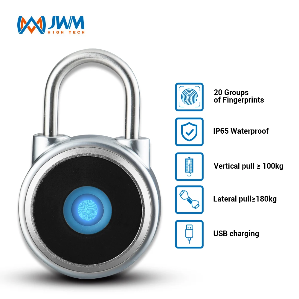 

JWM Security Keyless Rechargeable Thumbprint IP65 Anti-theft Fingerprint Padlock Lock for Suitcase, Backpack,Gym,School Locker