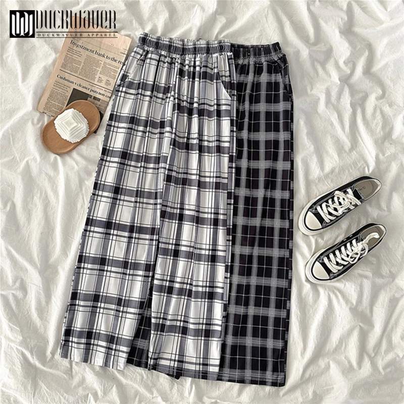 Duckwaver Harajuku Plaid Pants Women Oversize Wide Leg Trousers Female Casual High Waist Quality Full 2021 Spring Summer | Женская