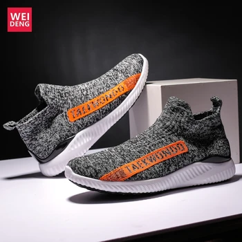 

WeiDeng Couple Casual Shoes Men Shoes Women Mesh Flyknit Walking Sneakers Slip On Light Soft Tenis Masculino Zapatillas Hombre