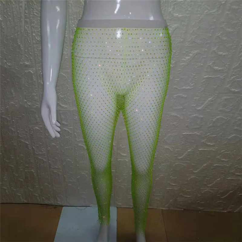 Для женщин Кристалл Алмазы Стразы в сеточку Сексуальная Туника полной длины брюки сетки Выдалбливают прозрачные Клубные вечерние пляжные брюки