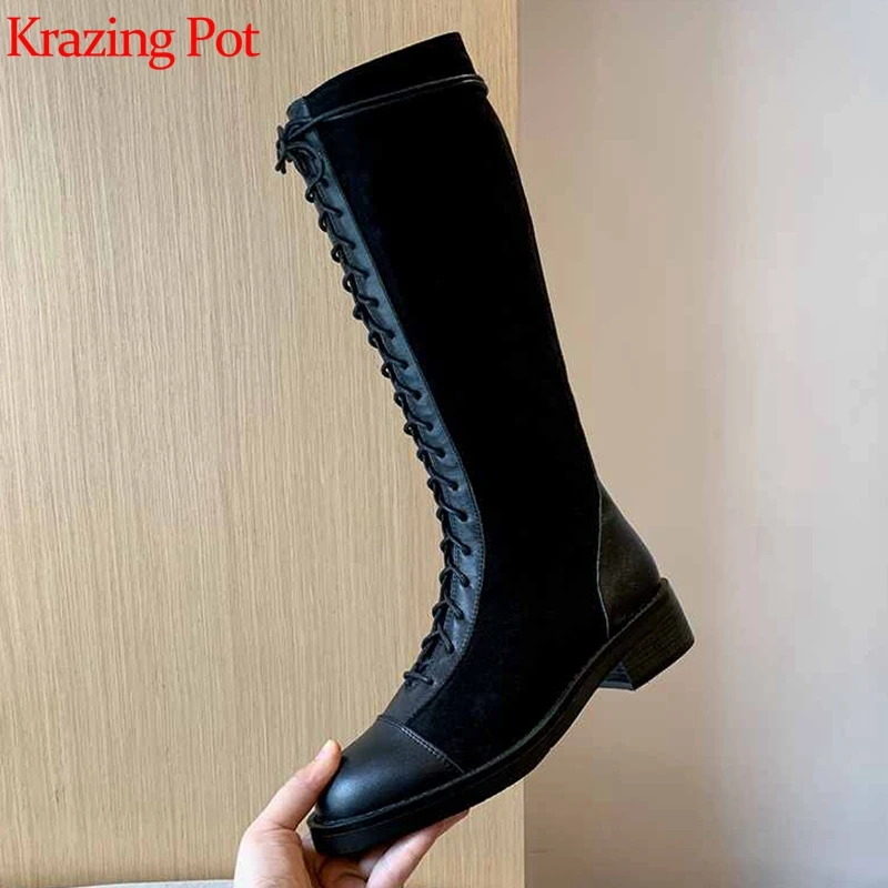 

krazing pot genuine leather online star lace up med heels round toe punk superstar equestrian boots chic over-the-knee boots l11
