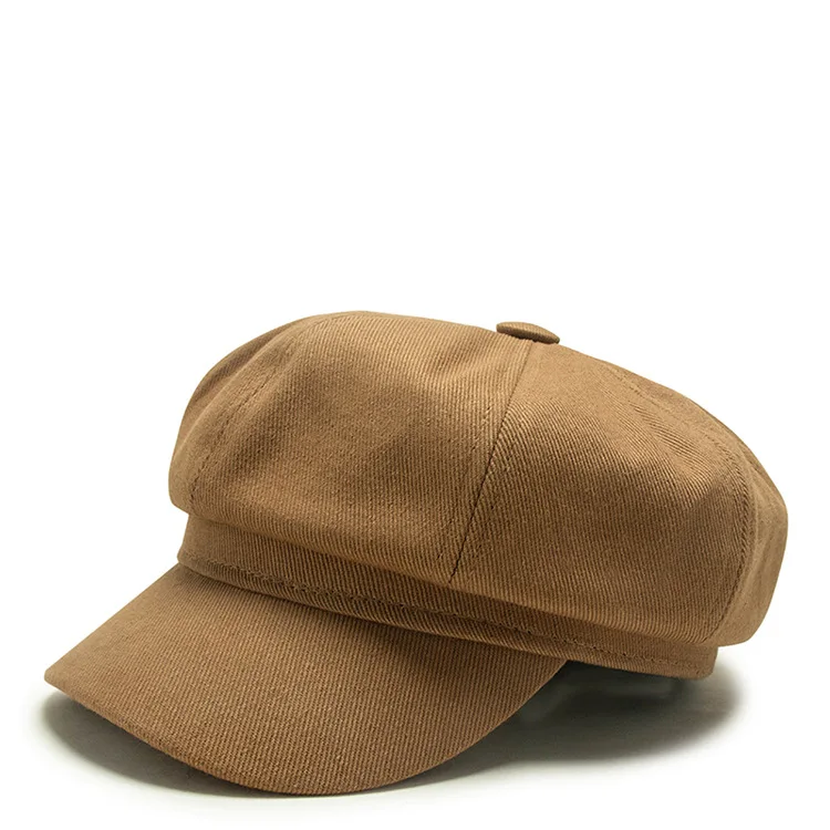 BUTTERMERE Autumn Winter Hats for Women Blue Newsboy Cap Cotton Octagonal Cap Solid Retro Casual Flat Cap - Color: coffee
