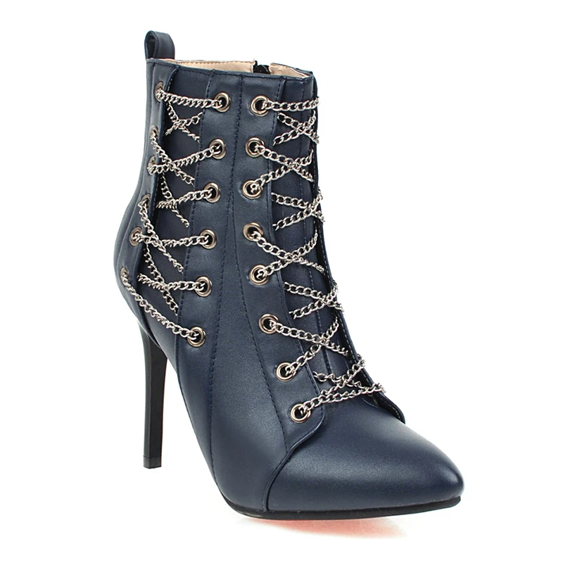 Rimocy/пикантные ботинки на высоком каблуке 10 см; Модные женские ботильоны на шпильке с острым носком и цепочкой; женская кожаная обувь; Zapatos De Mujer; большие размеры - Цвет: Синий