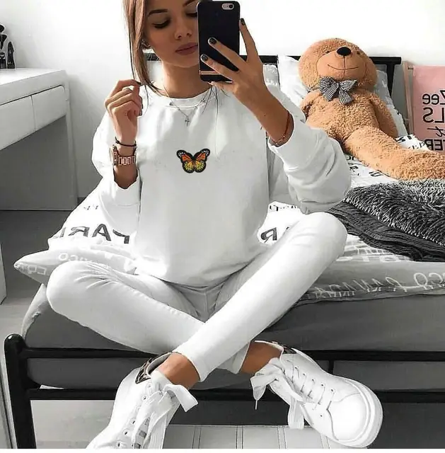 US $12.99 Momoluna Autumn Sweatshirt Women Butterfly embroidery white black gray red Long Sleeve Pullovers La