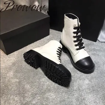 

Quality Genuine Leather White Black Pearl Beading Ankle Boots Round Toe Thick Heel Autumn Winter Boots Shoes Women