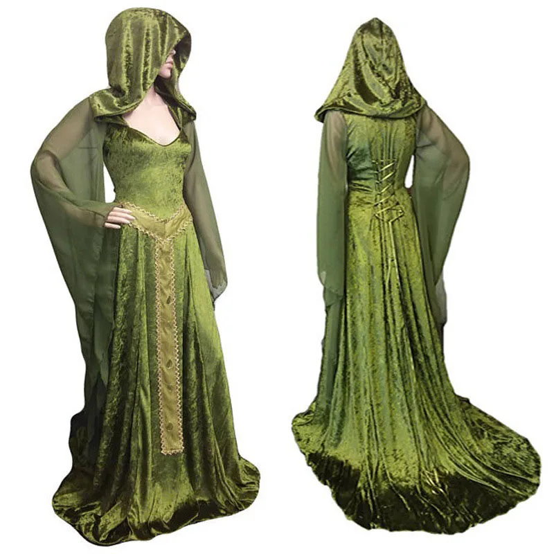 

Halloween Medieval Renaissance Adult Female Devil Pagan Witch Solid Color Retro Performance Hooded Cosplay Costumes Long Dress