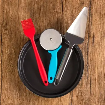 

New Non-Stick Thicken Round Pizza Baking Pan Tray with Roller Scraper Silicone Brush