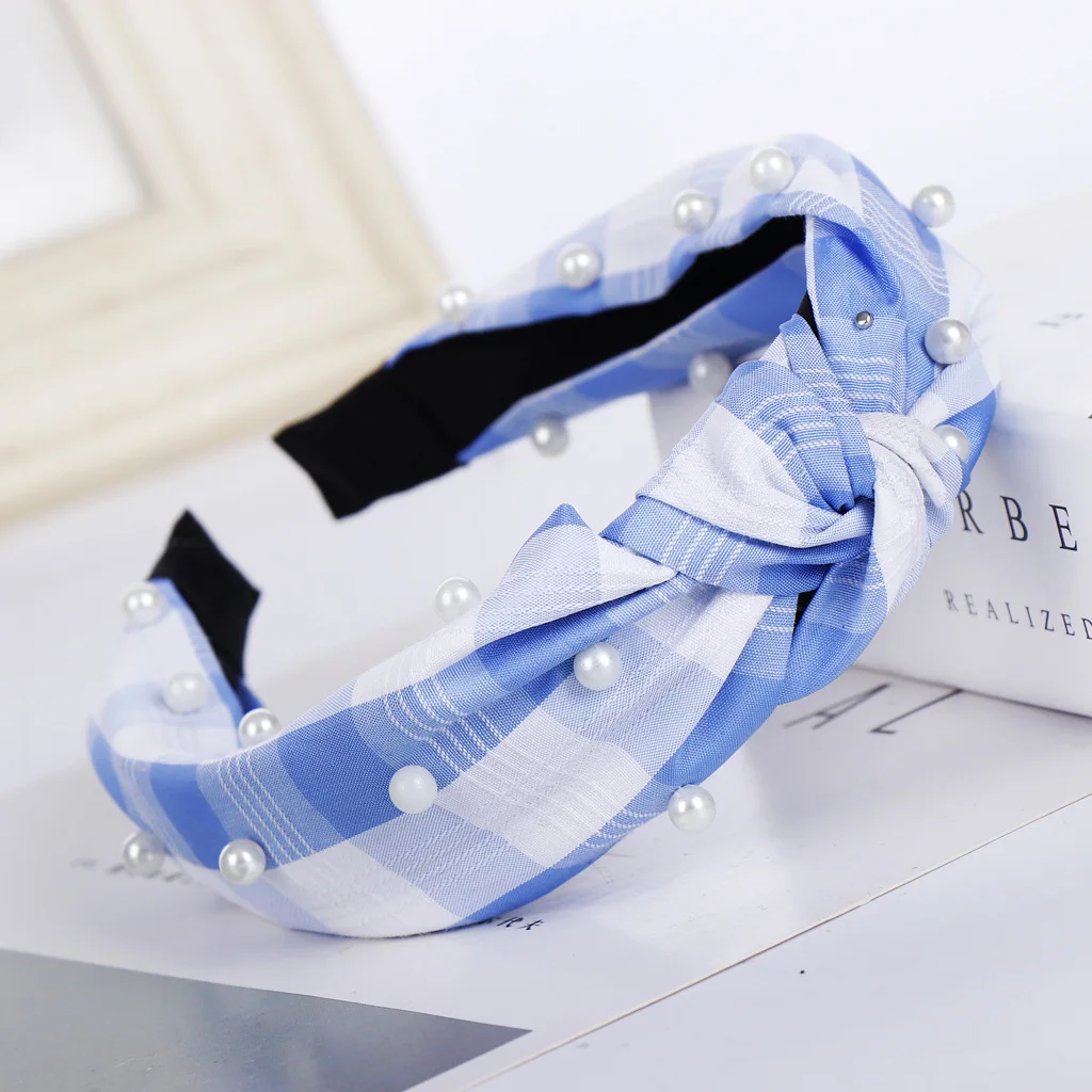 Korean-style British Style Chunky Plaid Stripes Hair Bands Nail White Pearl Japanese Korean Cross Elastic Fabric Head Buckle Hea