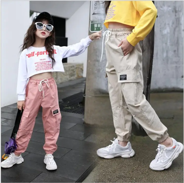 Свободные хлопковые брюки-карго для девочек брюки с эластичным поясом Модные