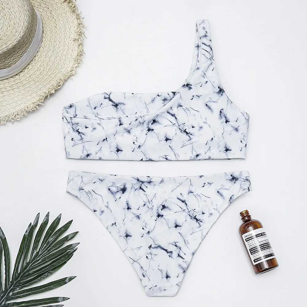 

2020 new swimsuit water mill marble bikini, one-shouldered, two-sided high-end sexy split swimsuit girls swim