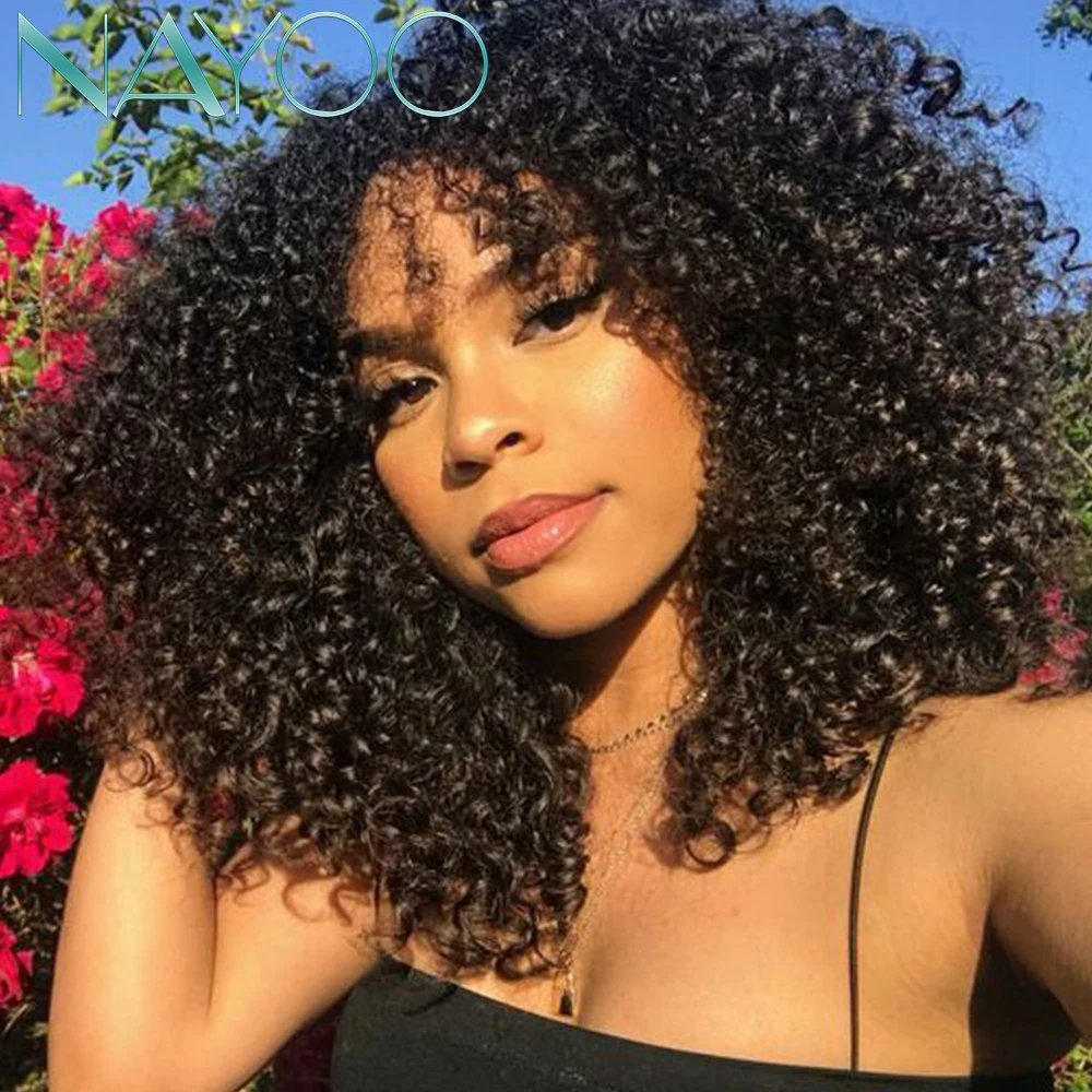 

Nayoo Hair Afro Kinky Curly Wig With Bangs 14inches Synthetic Long Wigs for Black Women Nature Black Wig Black Brown Greay