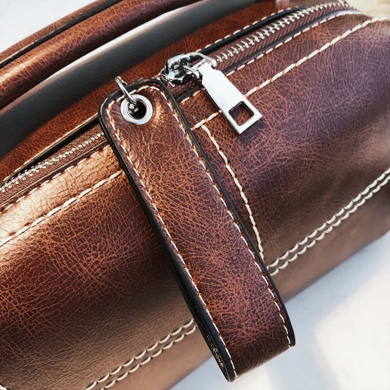 

Europe And America Style Oil Wax Leather Car Suture Boston Bag Pillow Bag Simple One-Shoulder Oblique WOMEN'S Bag