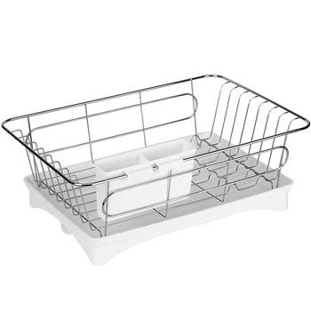 

Dish Drying Rack, Stainless Steel Dish Drainer for Kitchen Supplies Storage, Removable Plastic & Cutlery Tray, White