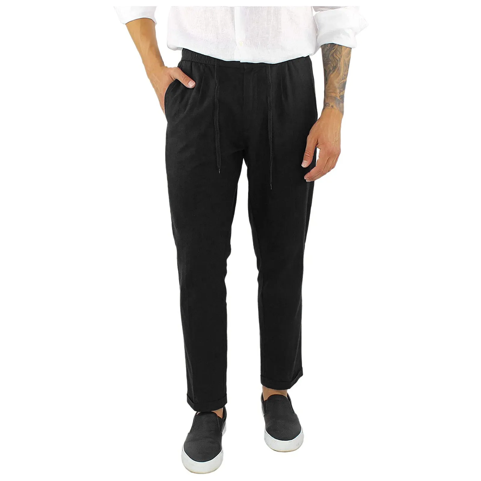 Men's Solid Color Cotton Linen Pants Casual Cuffed Hem Lace-up Cotton And Linen Trousers Sweatpants Simple And Elegant Trouser 2