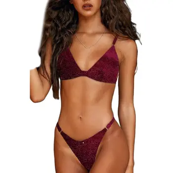 

2 Pcs/set Women Bikini Triangle Thong Swimsuit Set Solid Color Lady Gathered Bra 50JB