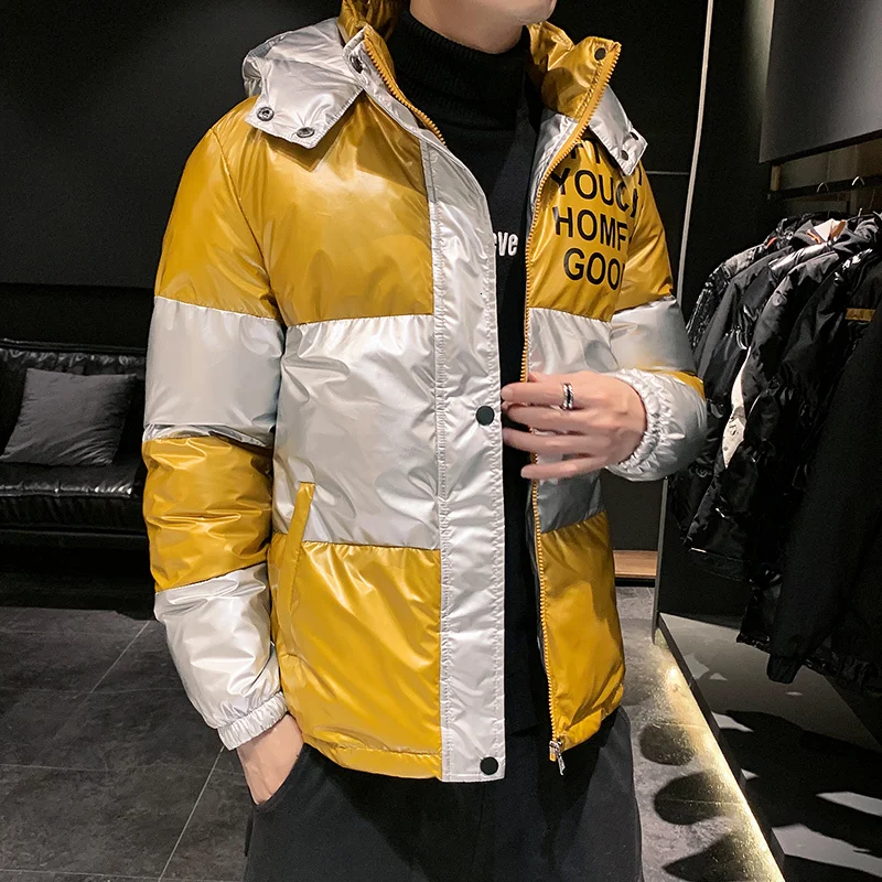 yellow Зимняя уличная одежда Harajuku, стеганая куртка с капюшоном и буквенным принтом, пальто, верхняя одежда, сохраняющая тепло, модные Лоскутные Длинные мужские толстые парки - Цвет: yellow