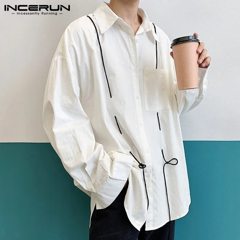 INCERUN Men Casual Shirt Turn-down Collar Baggy Pockets Long Sleeve Korean Style Fashion Brand Shirts Men Streetwear Camisa