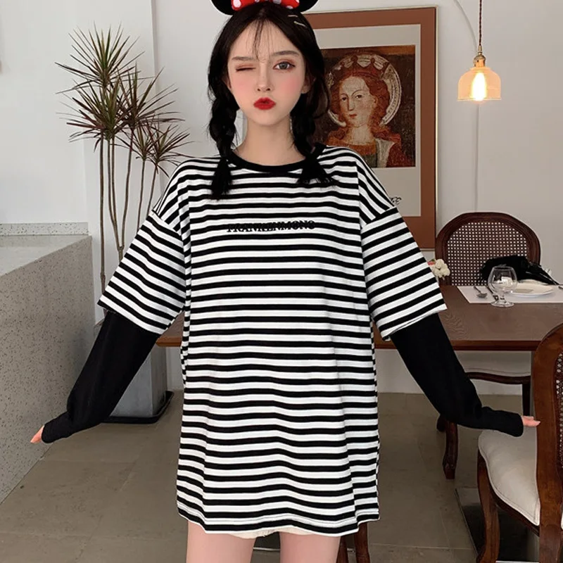 Женская футболка в черно белую полоску Повседневная Винтажная Футболка большого