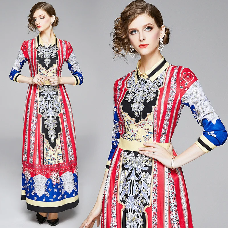 

Photo Shoot Large Austrian WOMEN'S Dress Europe And America Versitile Fashion Waist Hugging Slimming Positioning Floral Printed