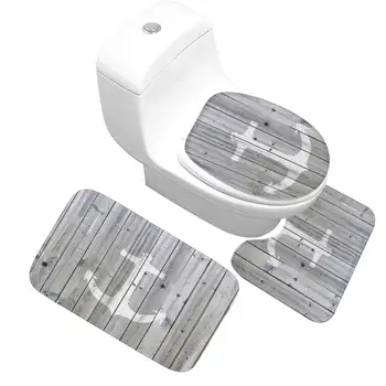 

3pcs Bath Mats Set Anti-slip Carpet Include Pedestal Rug Bathtub Mat And Toilet Lid Cover Boat Anchor Pattern Bathroom Mat Sets