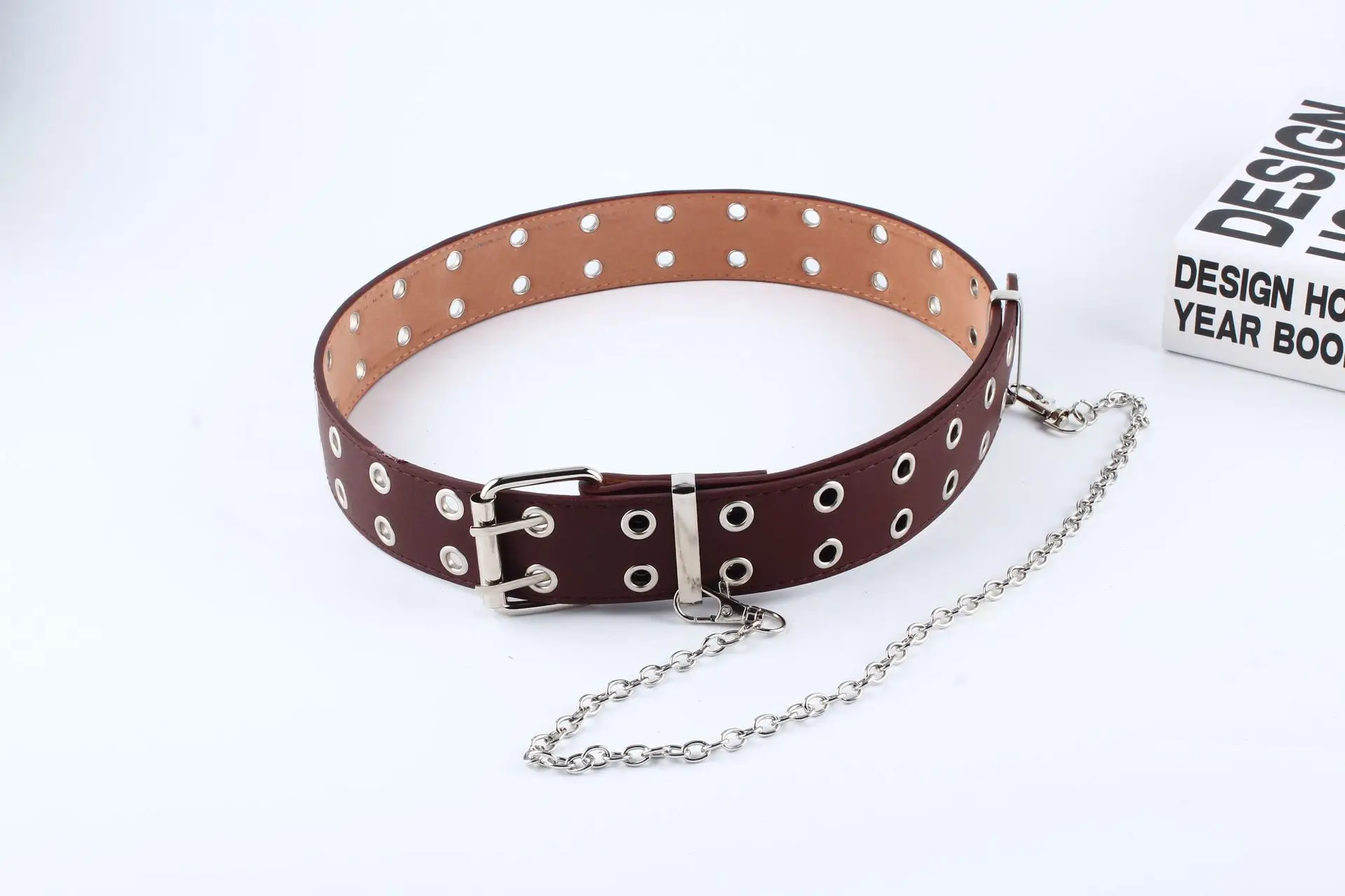 Double row Brown Женский ремень из искусственной кожи, ремень с пряжкой, ремень в стиле панк, джинсы, модный Индивидуальный декоративный ремень с цепочкой, женский ремень, подарок - Цвет: Double row Brown